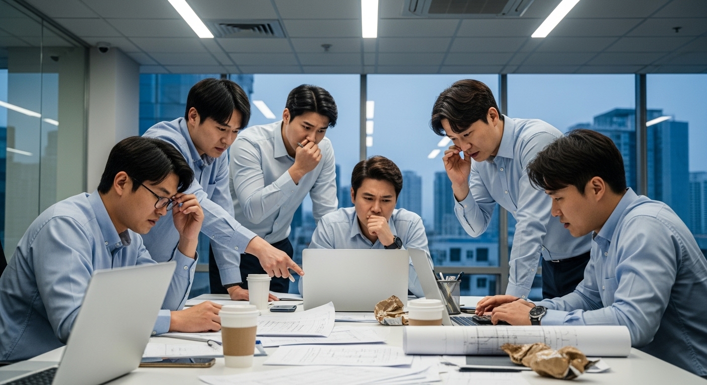 회의실에서 청사진과 기술 문서를 검토하며 고민하는 엔지니어들