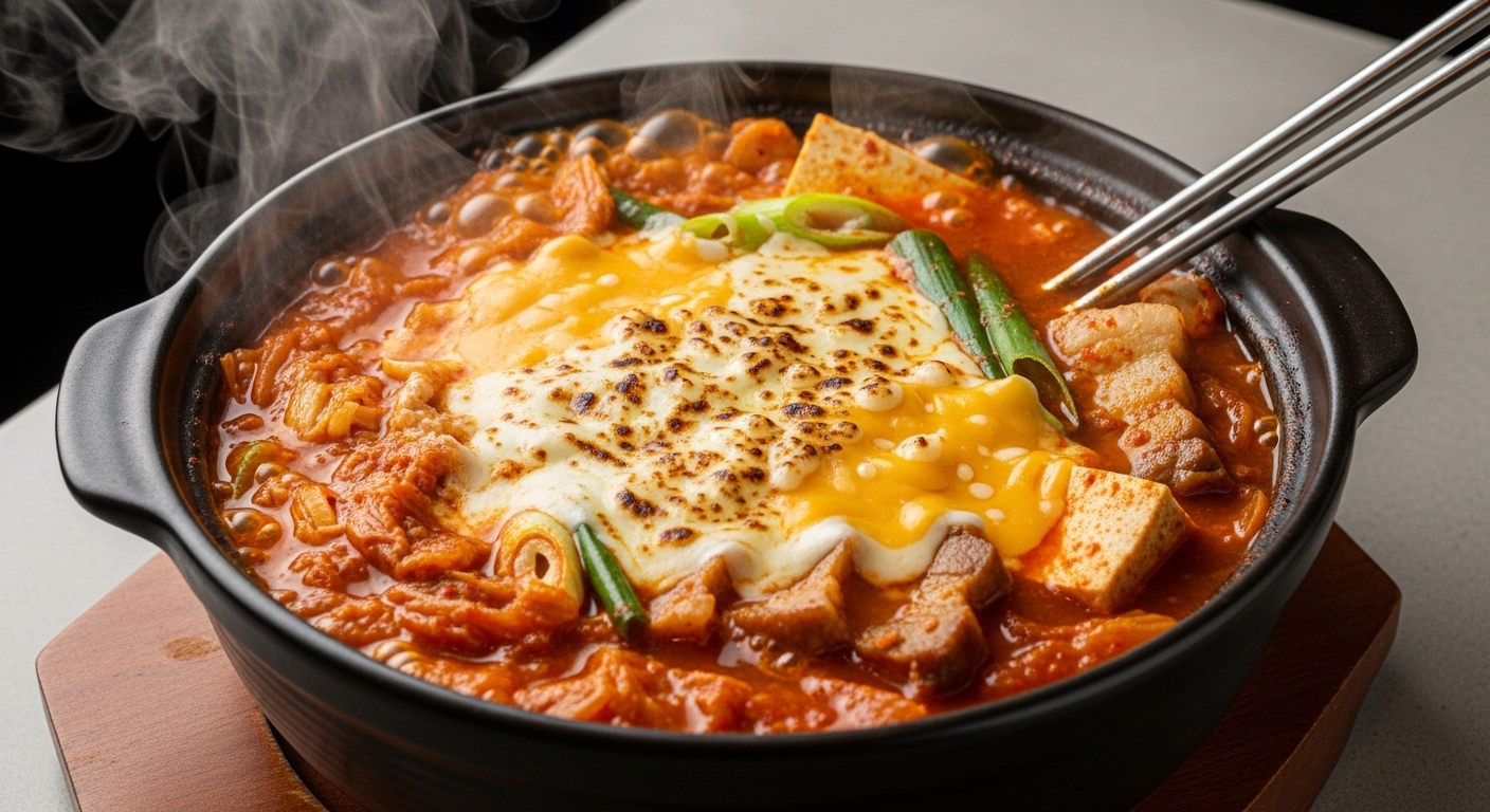 녹아내린 치즈가 얹어진 퓨전 스타일의 김치찜