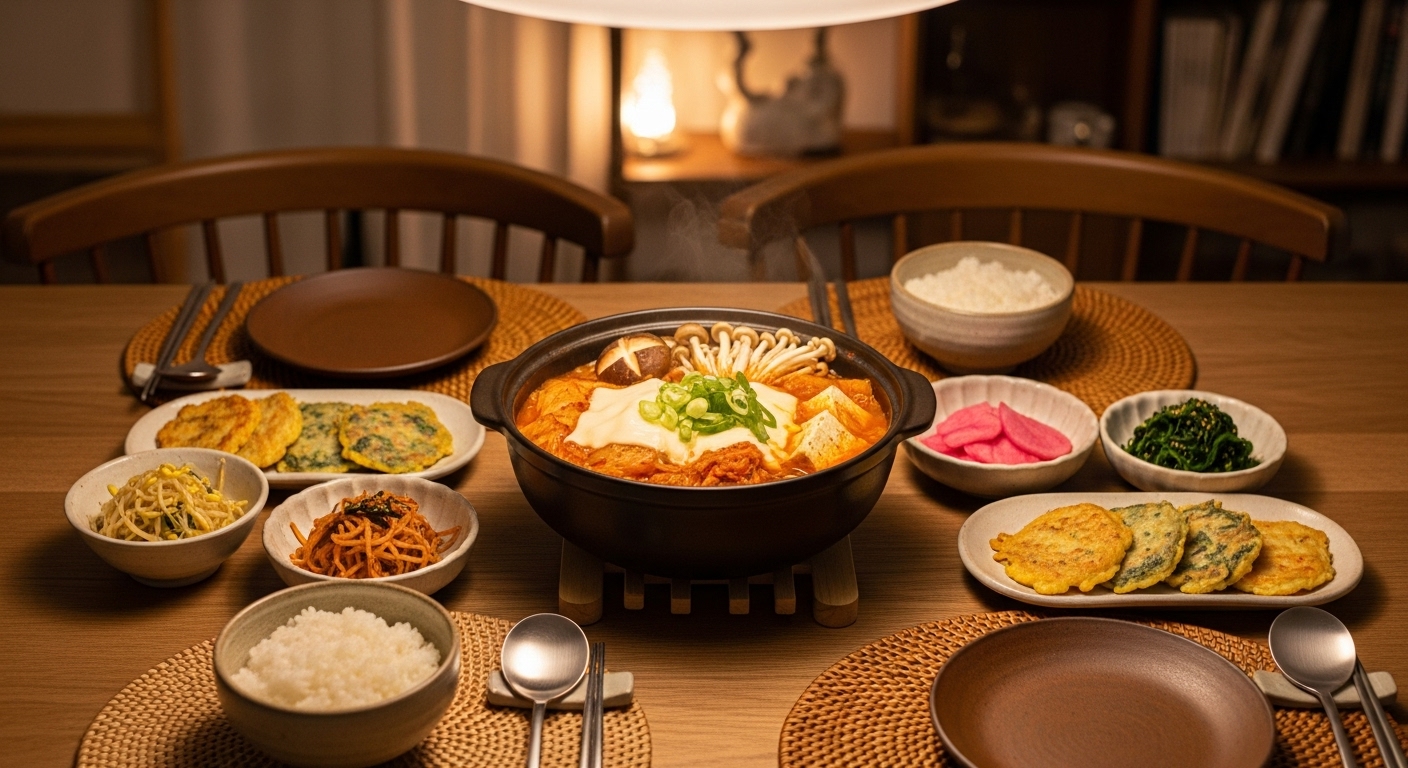 집안 식탁 위에 놓인 따뜻한 분위기의 치즈김치찜과 함께하는 식사 자리