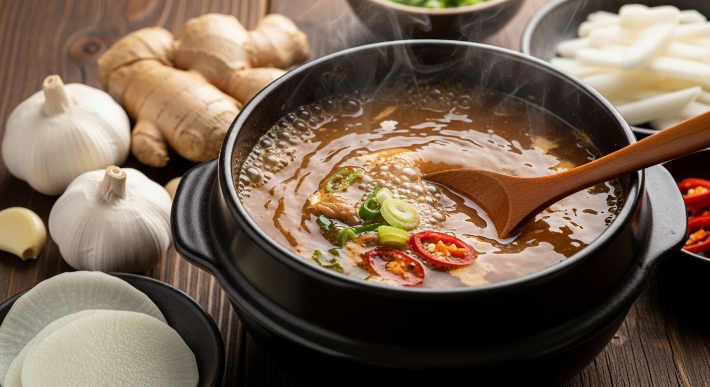 전통 한국식 냄비에서 끓고 있는 진한 육수와 주변에 놓인 생강, 마늘, 무 재료들