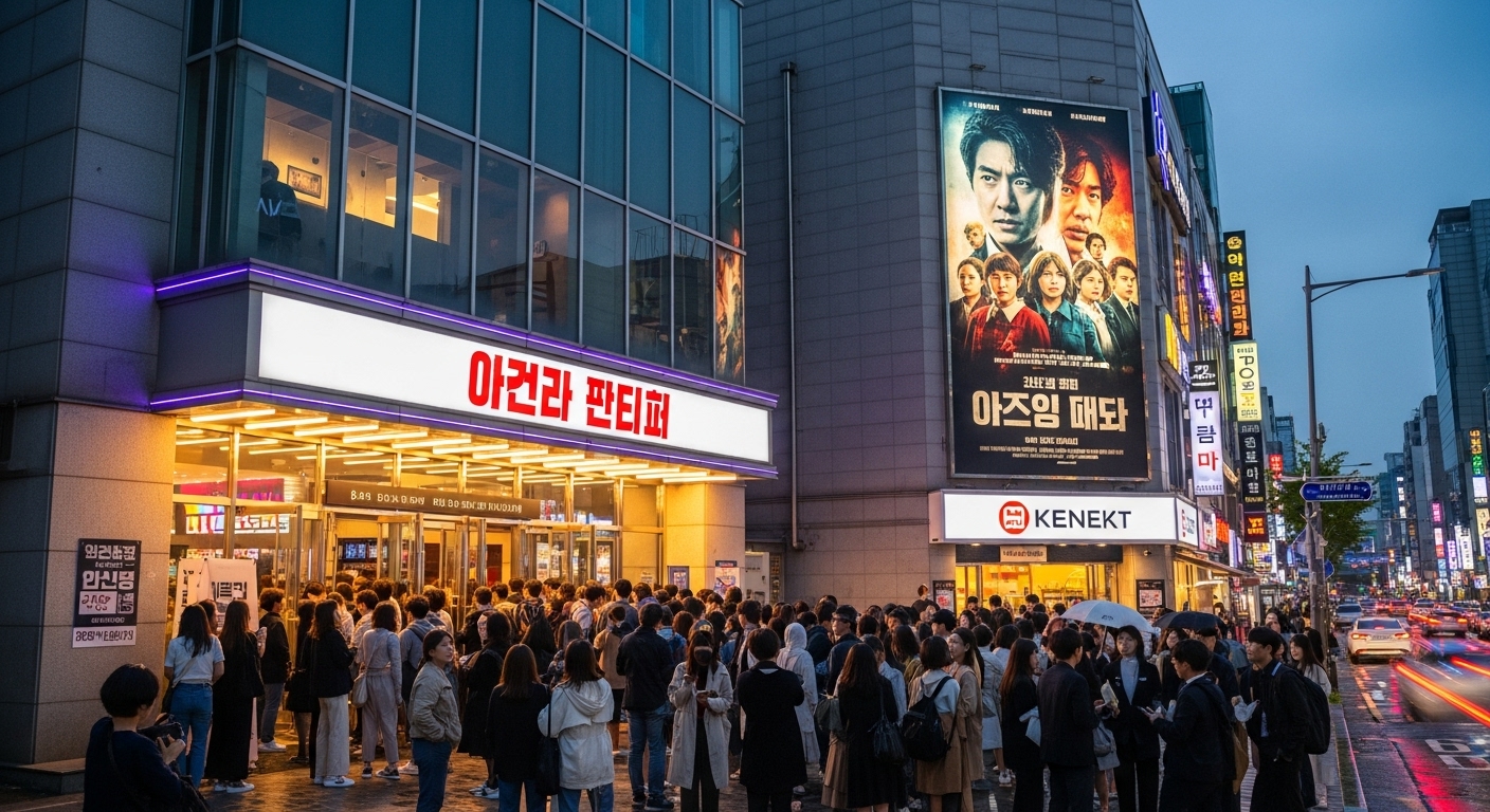 한국 극장에서 살인자 리포트 포스터가 크게 걸린 모습과 저녁 시간에 붐비는 관객들