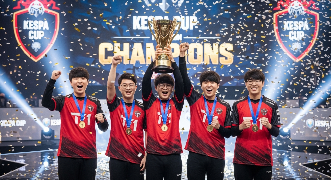 트로피를 들고 승리를 축하하는 한국팀 T1 선수들