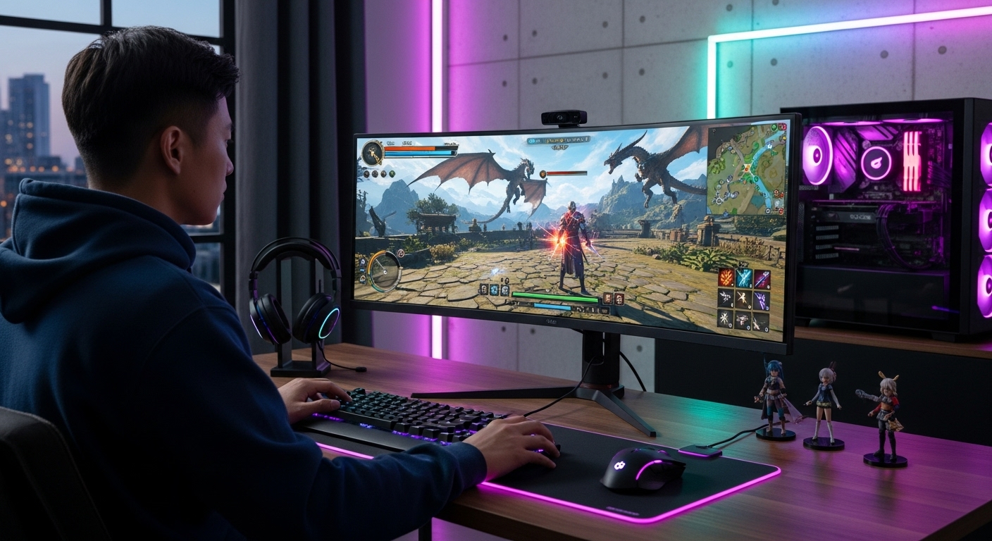 최신형 PC에서 무협 오픈월드 RPG를 플레이하는 게이머의 모습