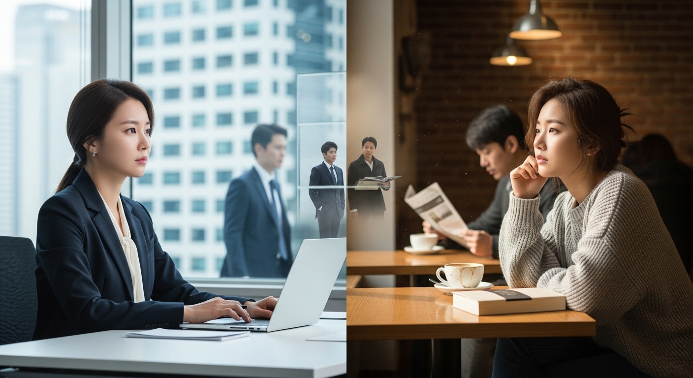 서로 다른 두 남성과 함께하는 상황에서 고민하는 여성