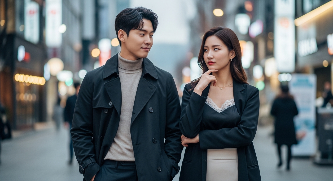 도시 배경 속 미묘한 권력 싸움을 나타내는 현대 커플