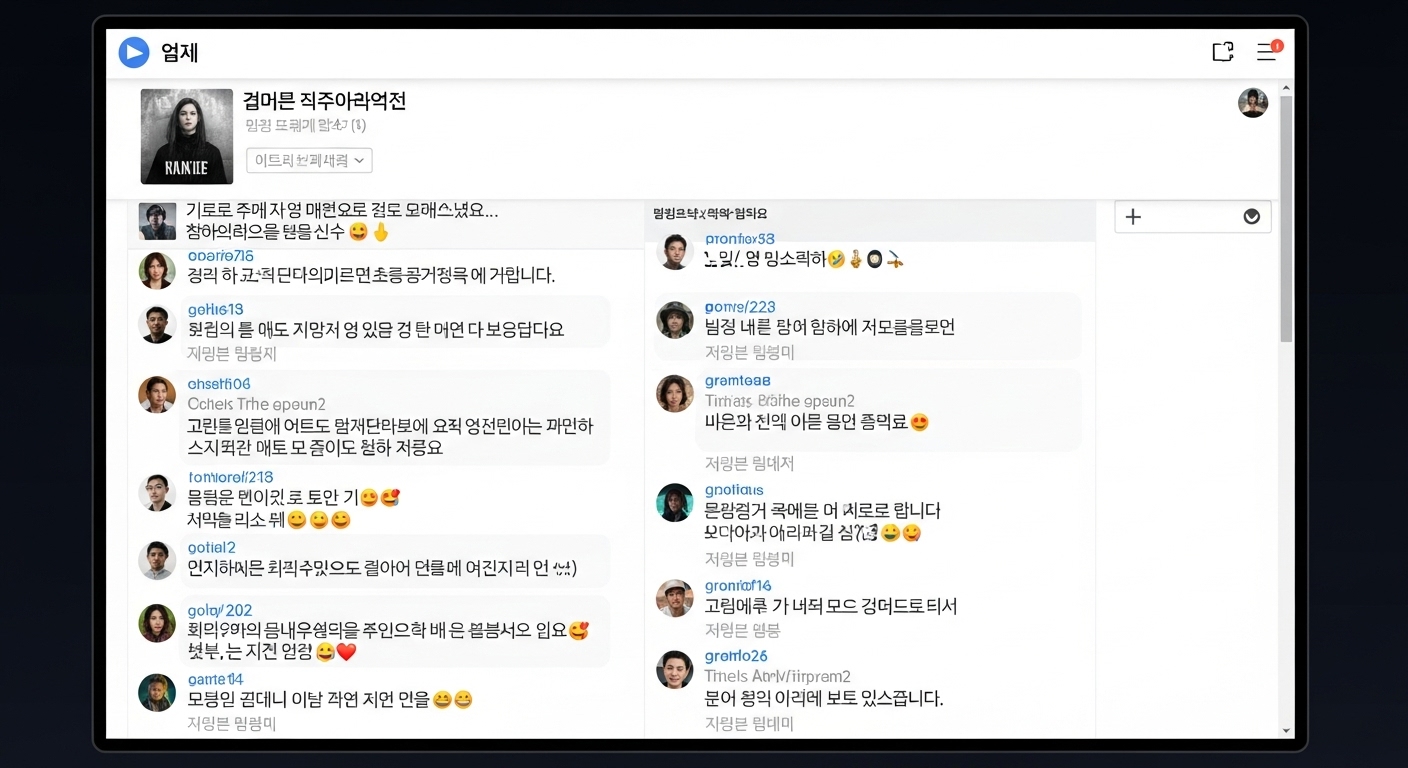 온라인 커뮤니티 플랫폼에서 곡의 주제에 대해 토론하는 다양한 리스너들