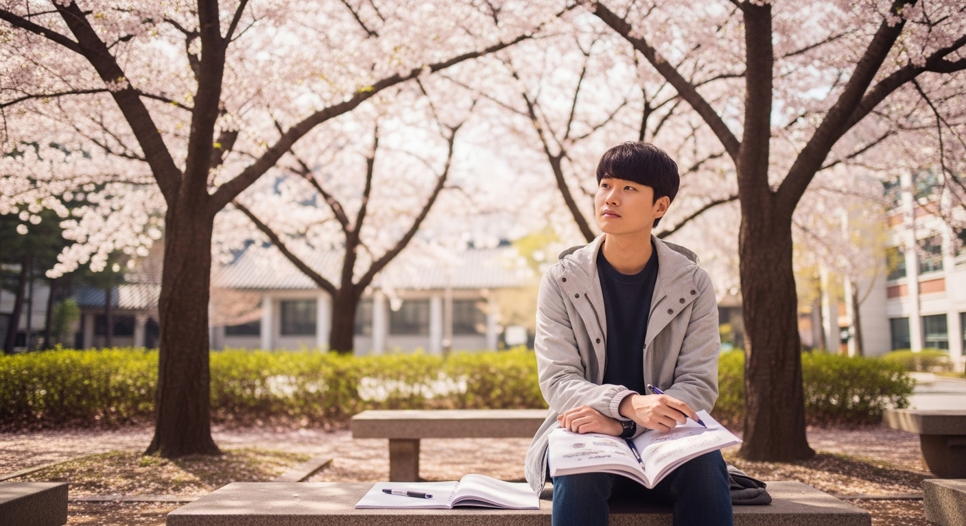 캠퍼스에서 혼자 벚꽃 나무 아래 앉아 생각에 잠긴 대학생