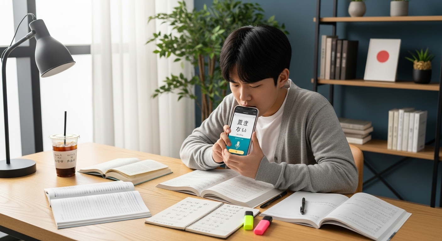 스마트폰 앱으로 일본어 발음을 연습하는 청소년