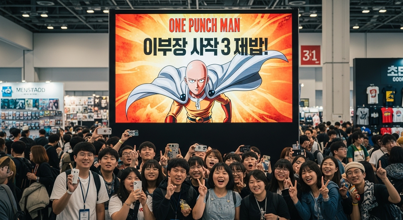 한국 애니메이션 팬들이 붐비는 컨벤션 홀에서 원펀맨 시즌 3 발표 포스터를 보고 있는 모습