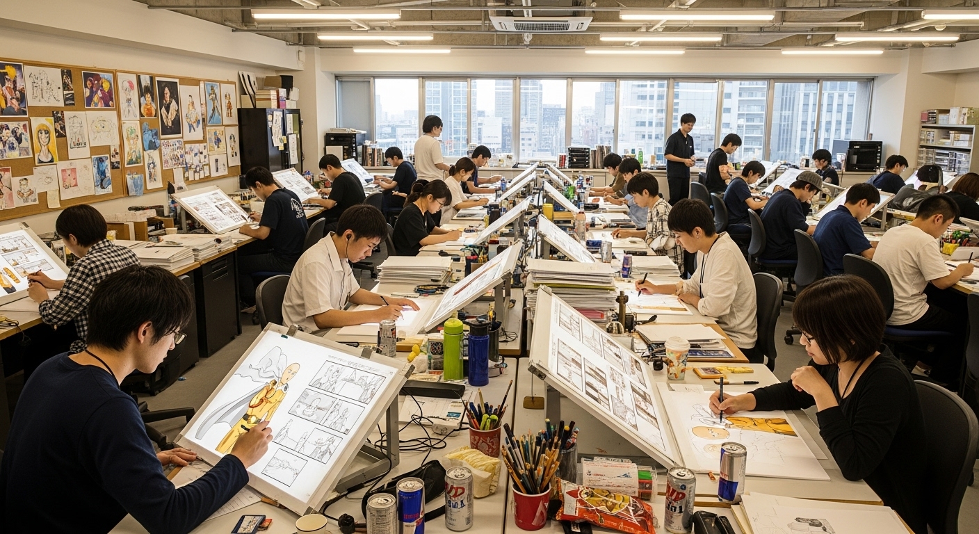 J.C.STAFF 스튜디오에서 애니메이터들이 원펀맨 시즌 3의 스케치와 스토리보드를 작업하는 장면