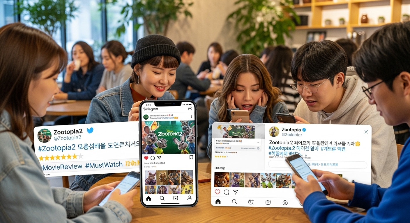 젊은이들이 스마트폰으로 주토피아2에 대한 극찬을 소셜 미디어에 공유하는 모습