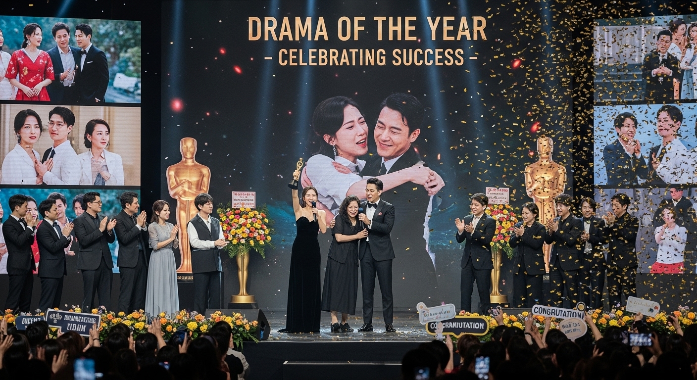 성공적인 드라마 공개 후 시상식 배경과 열광하는 관중 속 출연진과 제작진 축하 장면