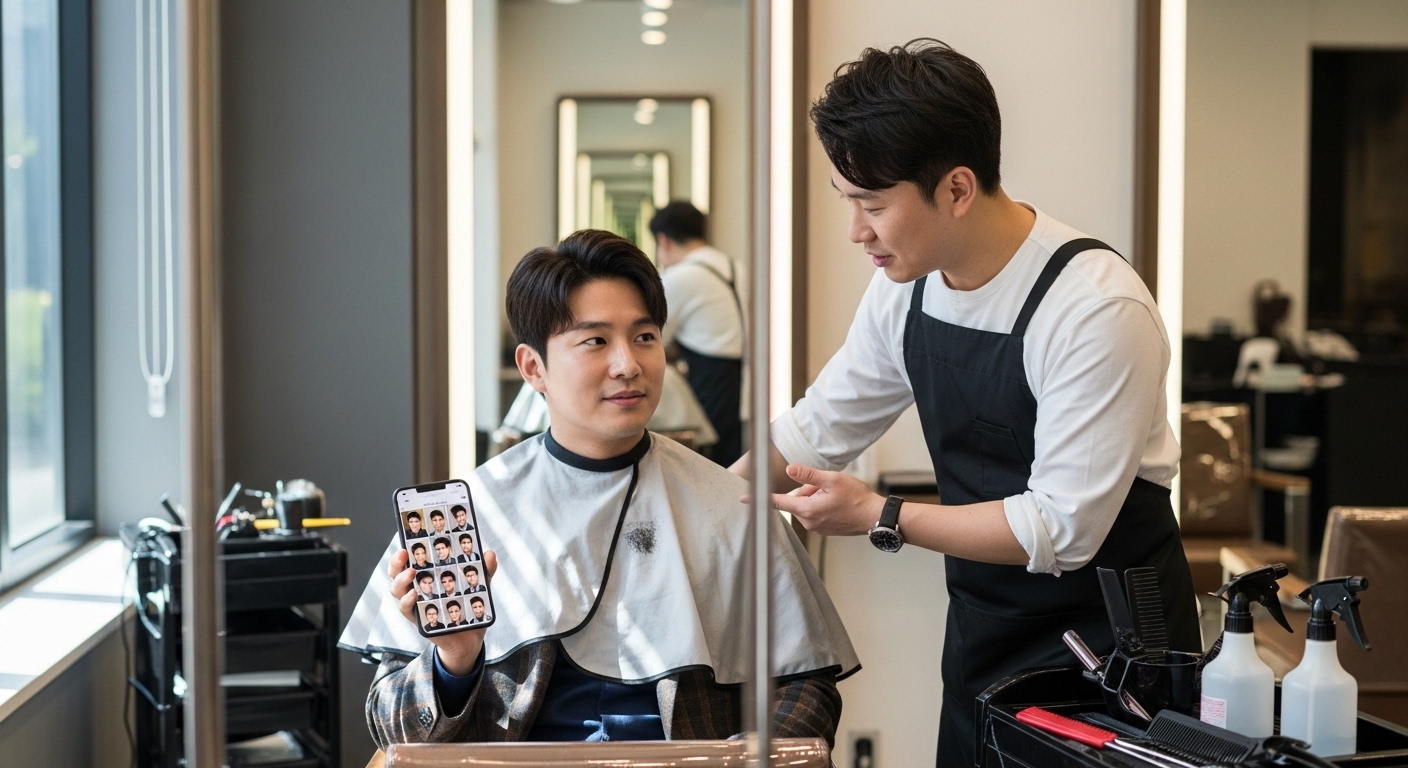 미용실에서 휴대폰으로 사진을 보여주며 디자이너와 상담 중인 남성
