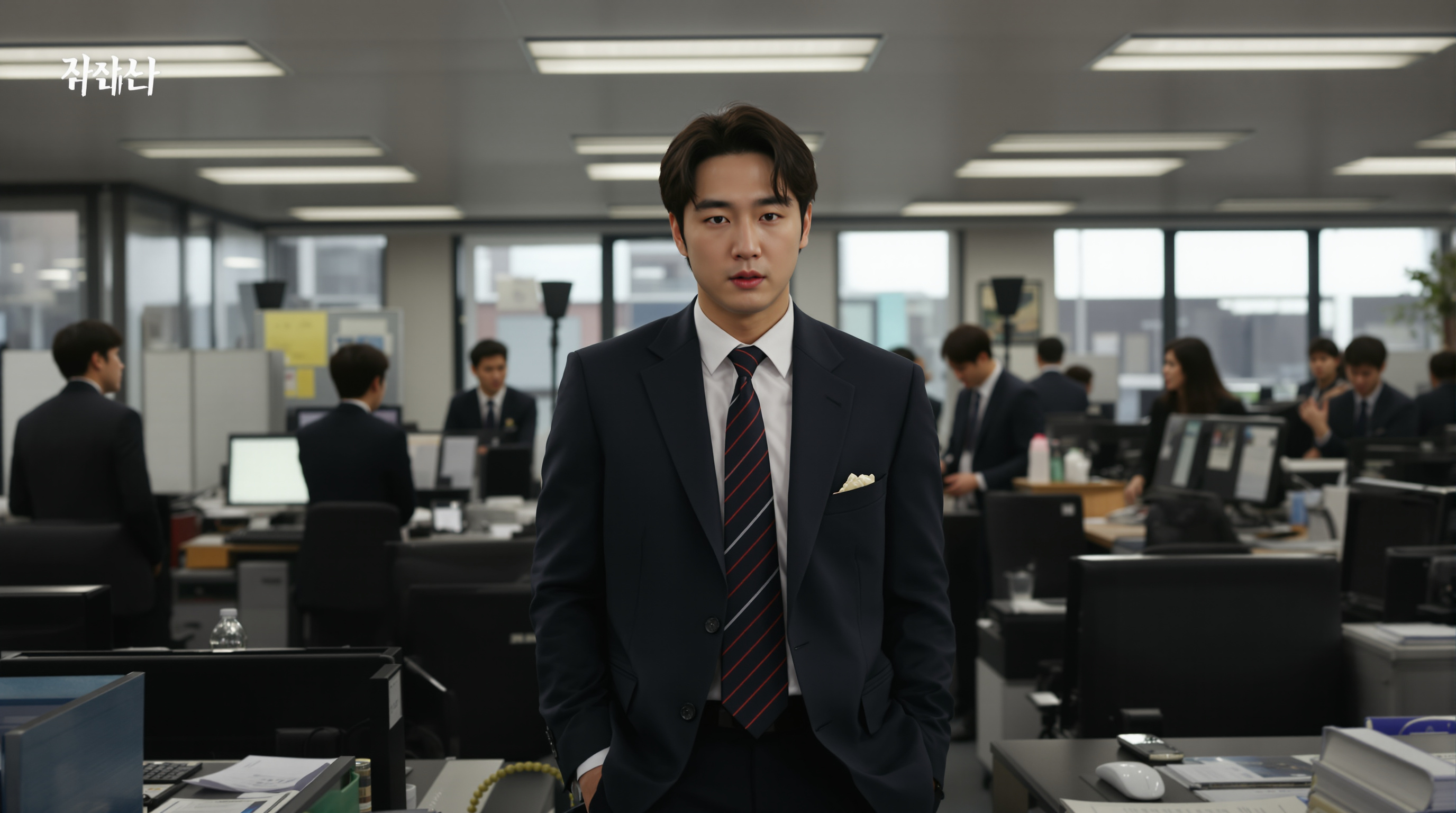 드라마 '미생' 속 한석율 역으로 분주한 사무실 환경에서 동료들과 함께 있는 변요한