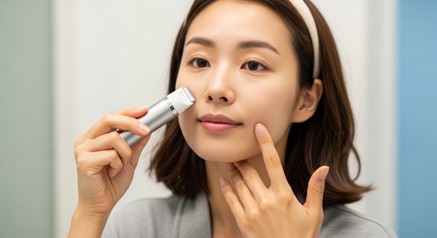 샤워 전 건조한 피부에 트리머를 사용하는 한국 여성