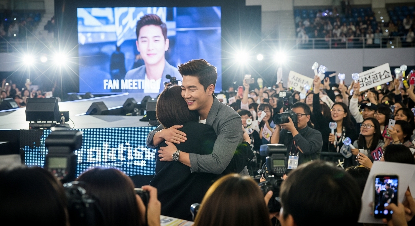 팬미팅에서 배우가 팬을 따뜻하게 포옹하는 장면