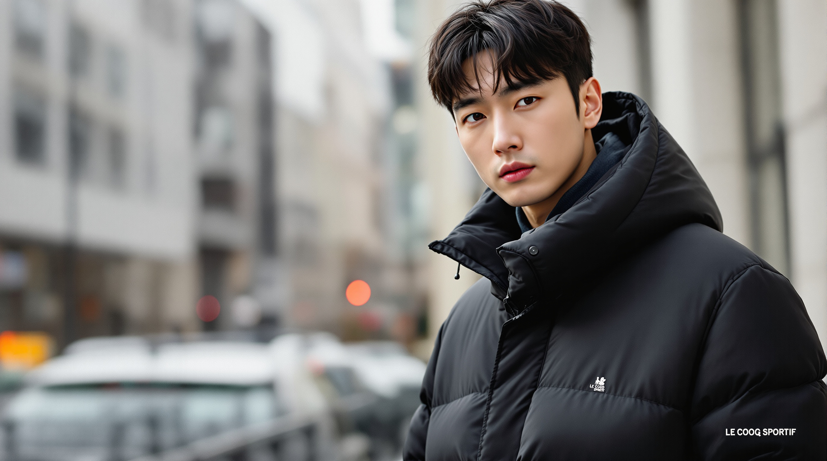 배우 변요한이 세련된 르꼬끄 겨울 패딩을 입고 도시적 배경에서 포즈를 취하는 모습