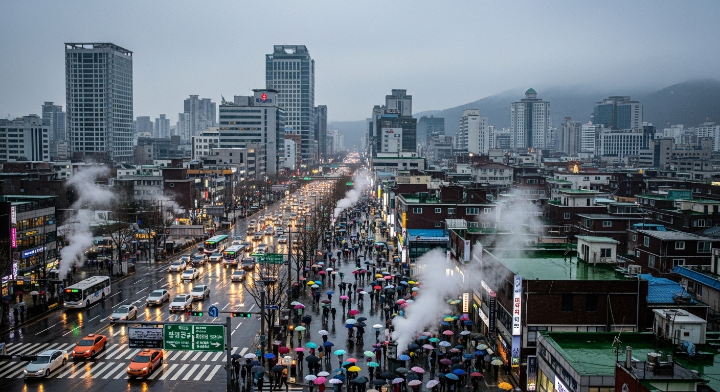 대구 도심에서 우산을 쓴 사람들이 바쁜 겨울날 거리에서 걷고 있는 모습