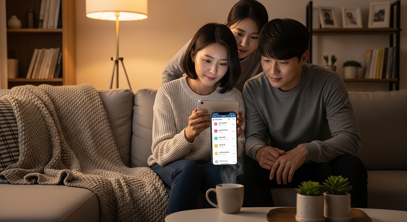 아늑한 거실에서 스마트폰 앱을 통해 육아 정보를 확인하는 현대적인 부모의 모습