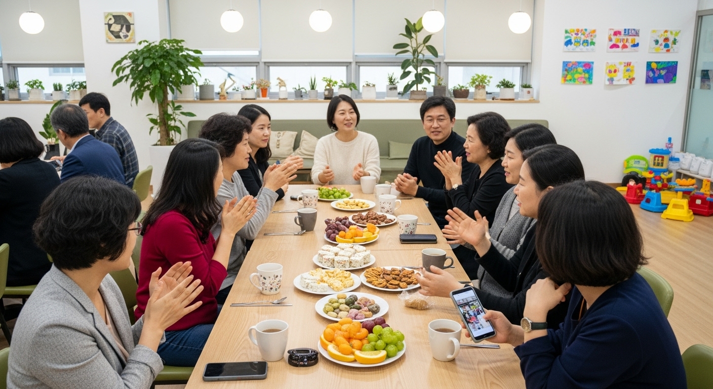 커뮤니티 센터에서 육아 팁과 경험을 나누는 부모들의 모임
