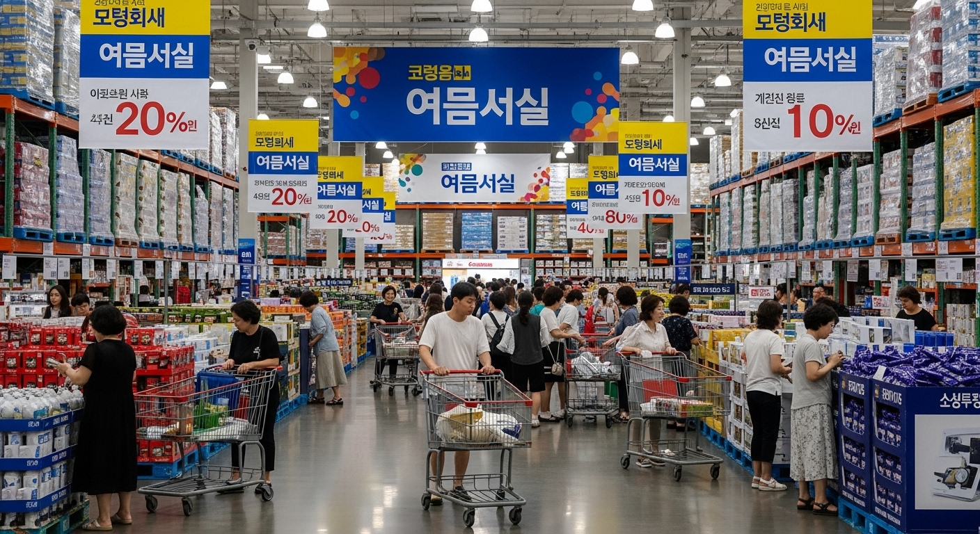 코스트코 매장에서 여름 세일을 즐기는 쇼핑객들
