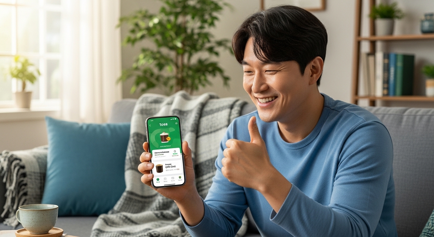 편안한 거실에서 스마트폰으로 커피 기프티콘을 교환하며 기뻐하는 남성