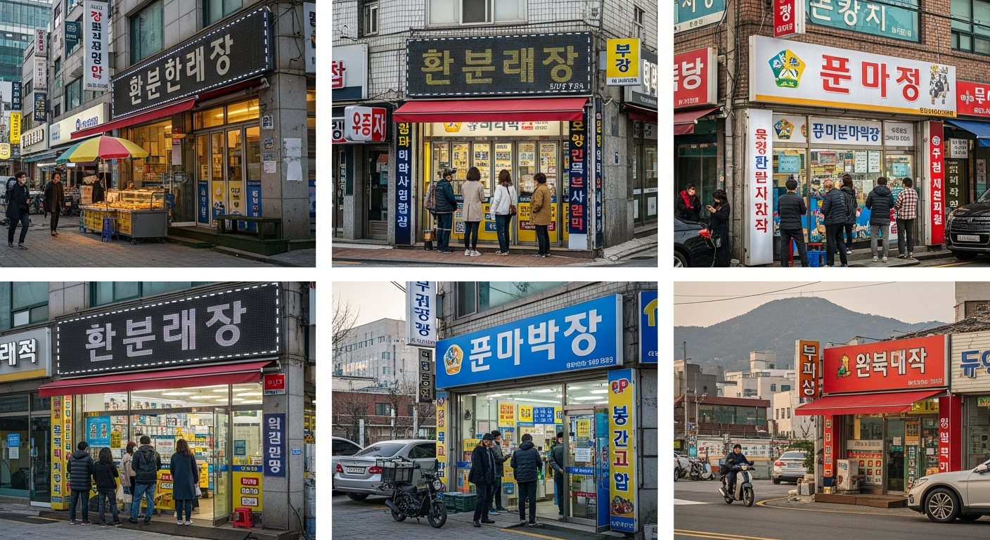 활기찬 간판과 고객들로 붐비는 복권 판매점들이 있는 다양한 한국 도시와 마을 풍경