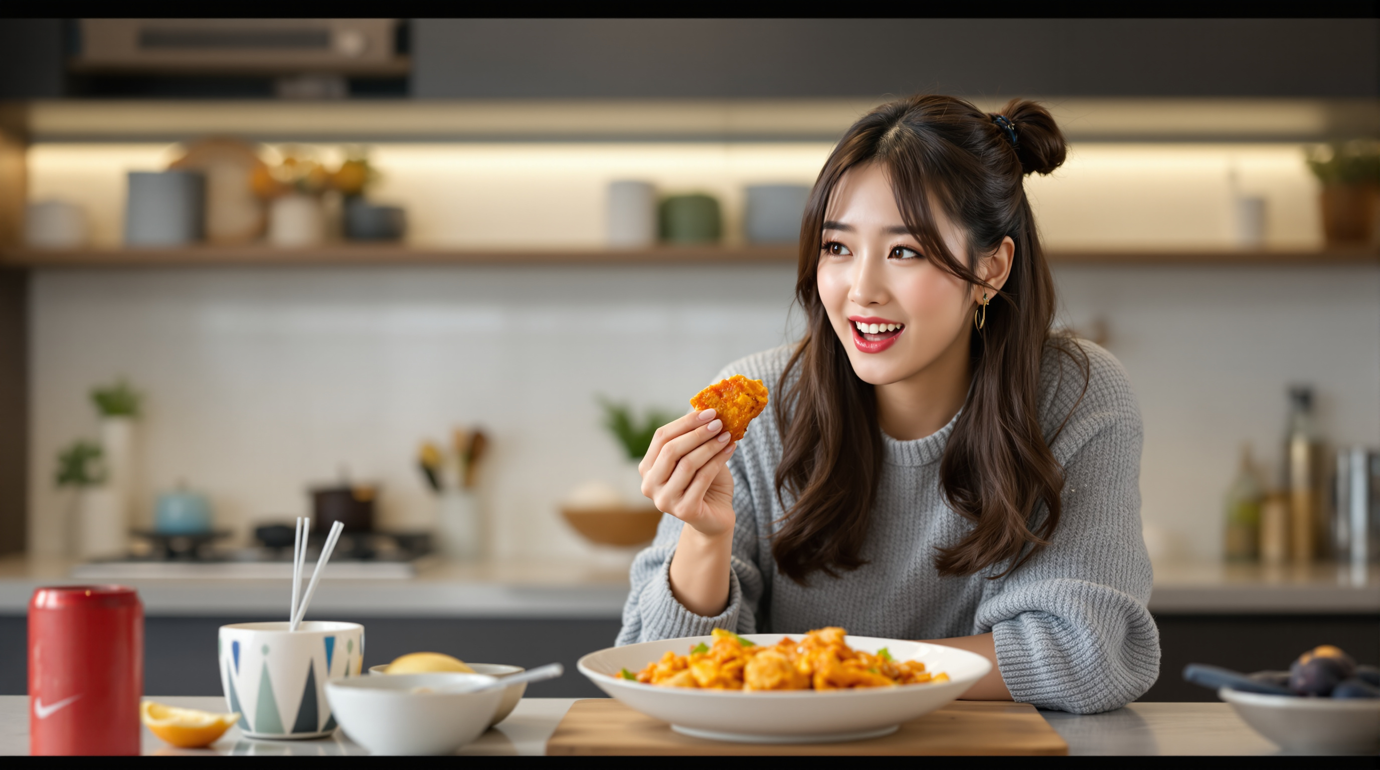 한소희가 현대적인 주방에서 스윗칠리 치킨을 즐기는 모습