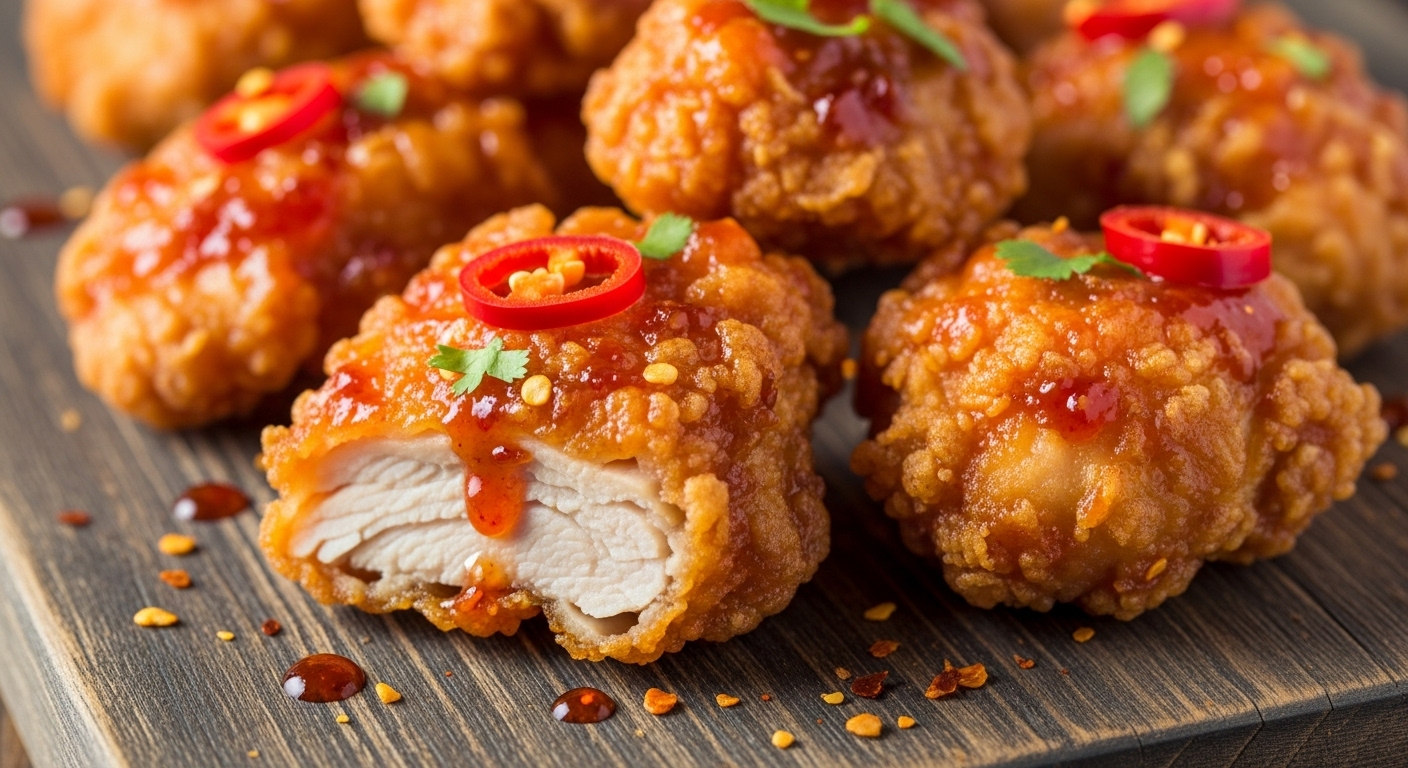 나무 도마 위에 올려진 바삭한 칠리 코팅 치킨 클로즈업