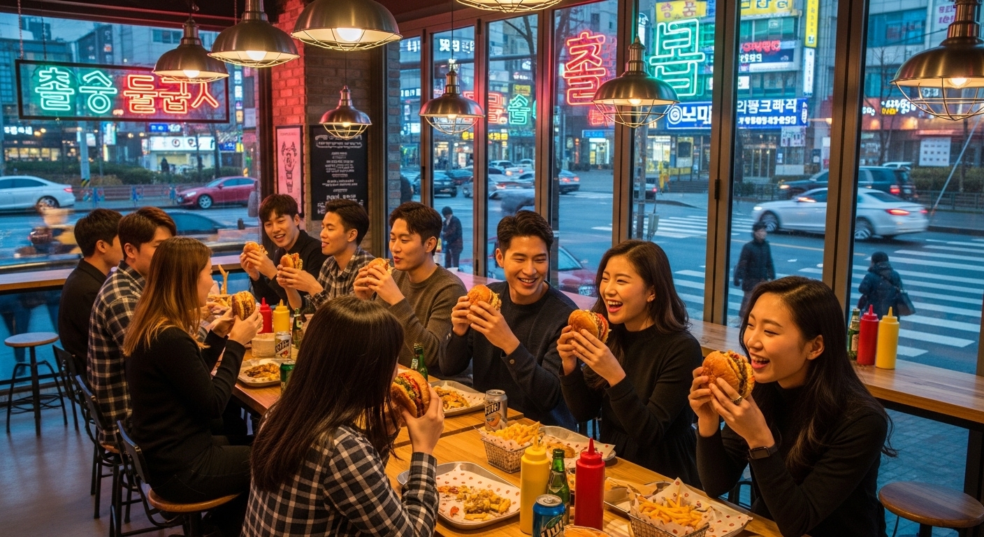 현대적인 패스트푸드 매장에서 젊은 손님들이 버거를 즐기는 모습