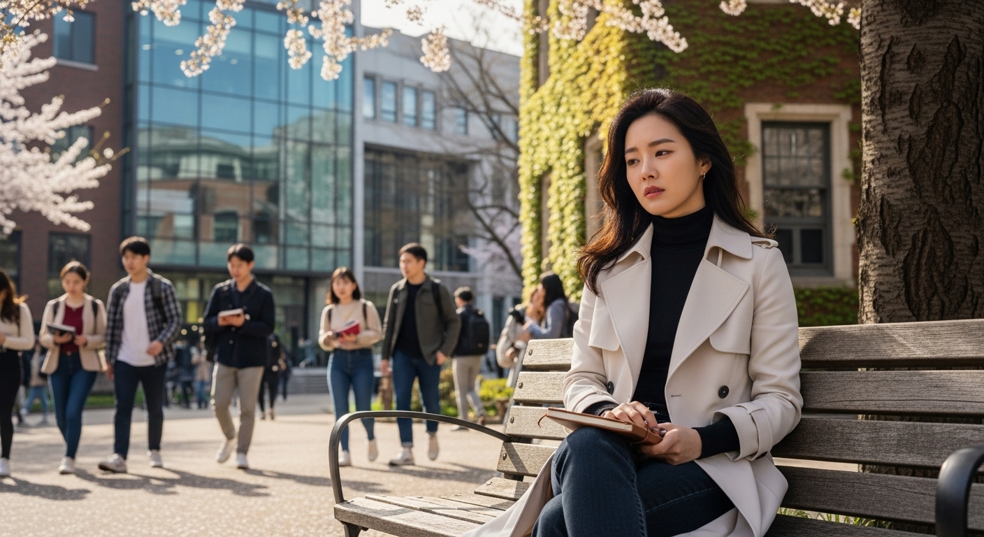 대학 캠퍼스 벤치에서 커리어 변화에 대해 고민하는 여성 배우