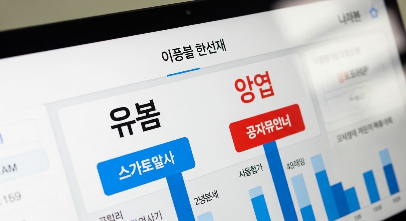 '무료', '당첨'과 같은 키워드가 보이는 단어 빈도 분석 컴퓨터 화면 클로즈업
