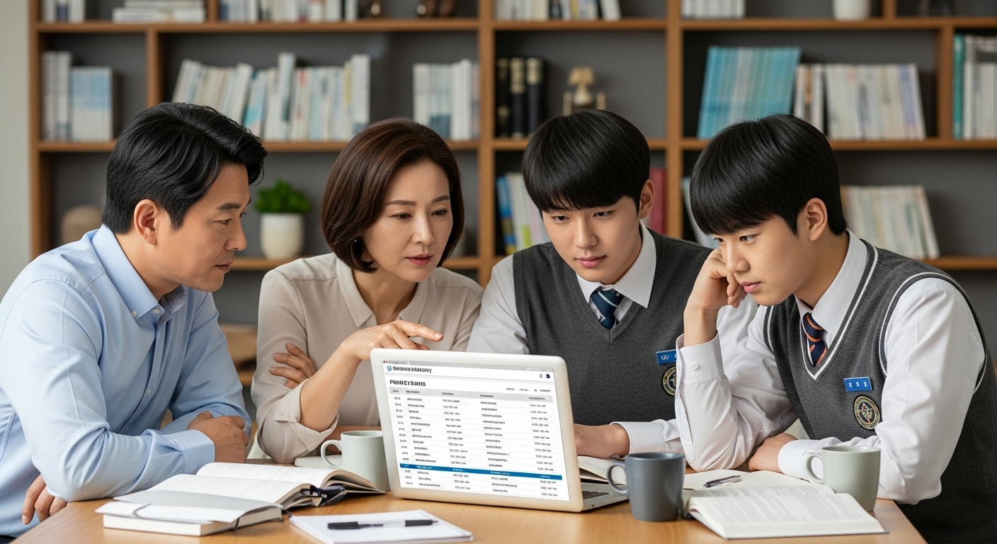 현대적인 한국 고등학생들이 대학 순위를 논의하는 장면