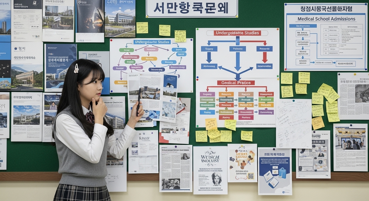 다양한 대학교 브로셔와 경력 경로를 검토하는 한국 학생