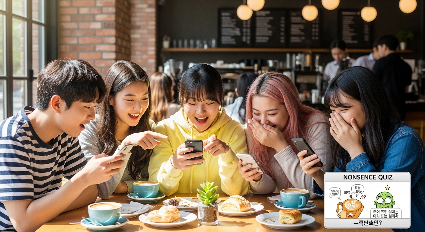 카페에서 스마트폰으로 넌센스퀴즈를 푸는 청소년들의 활기찬 토론