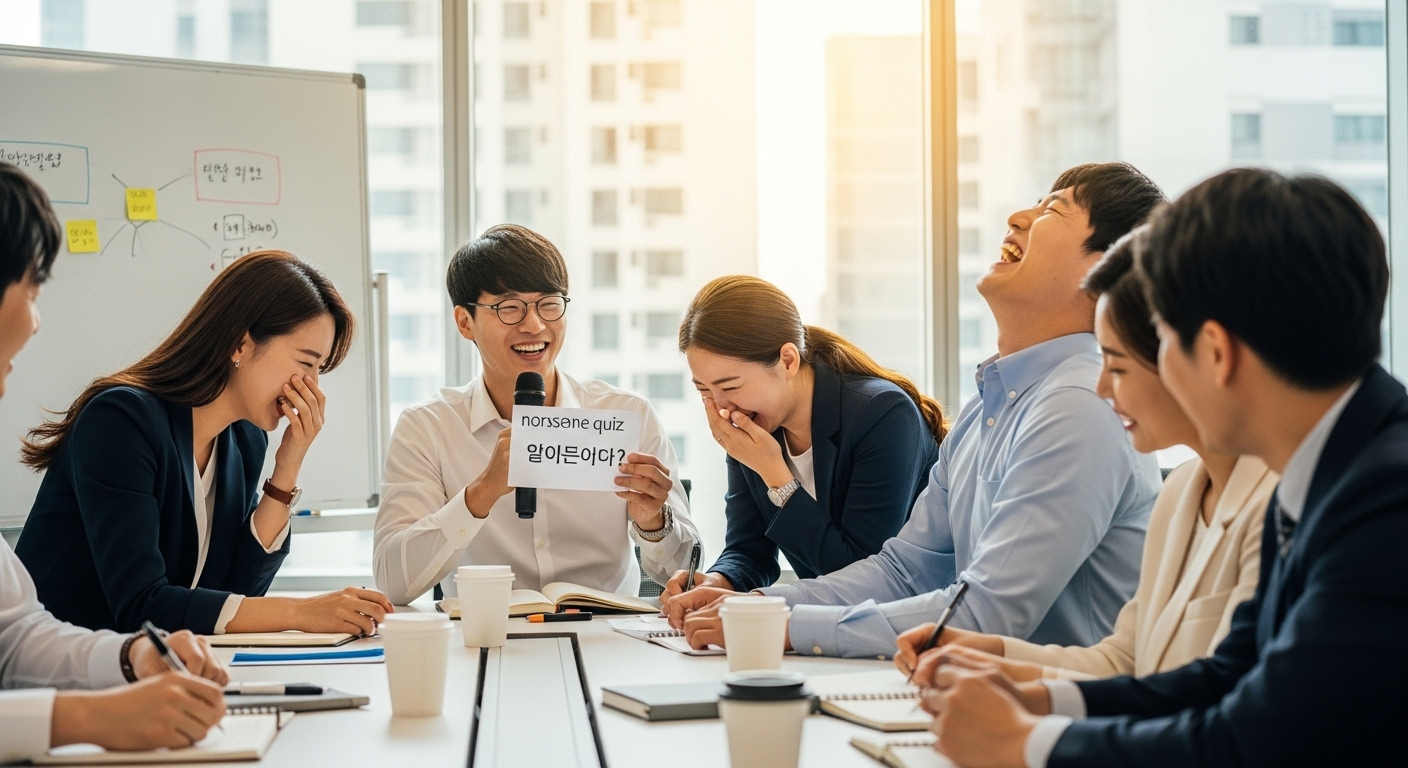 직장 회의 중 쉬는 시간에 팀 빌딩으로 넌센스퀴즈를 즐기는 직장인들