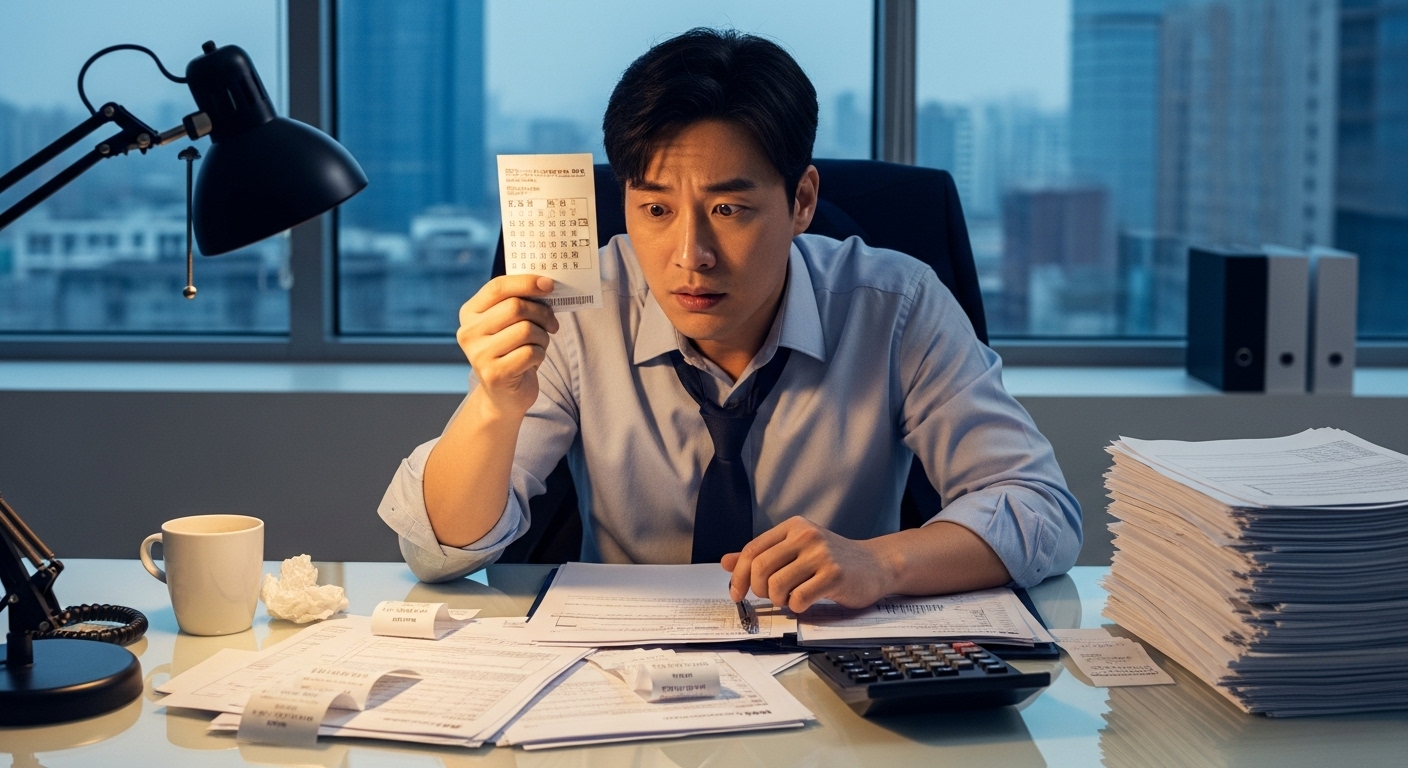 로또 복권을 들고 세금 관련 서류와 계산기가 있는 책상 앞에서 고민하는 모습