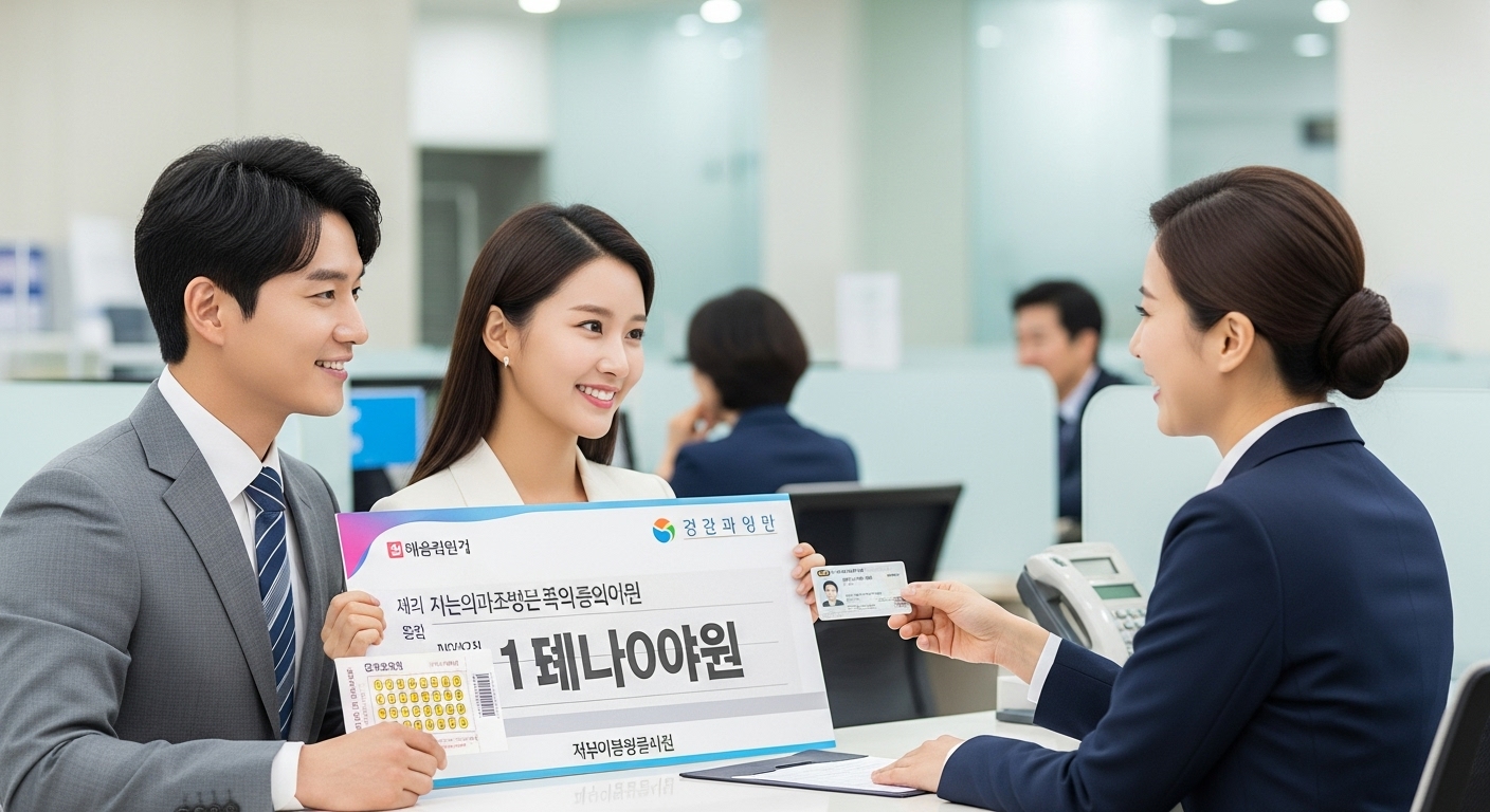 은행에서 신분증과 복권을 보여주며 당첨금을 수령하려는 한국 커플의 모습