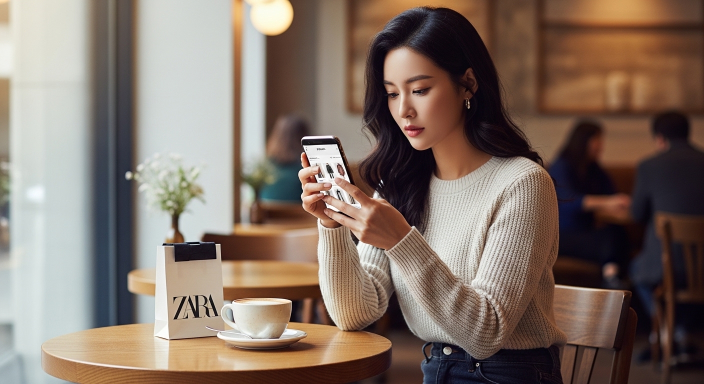 현대적인 한국 여성이 카페에서 스마트폰으로 자라 앱을 살펴보는 모습