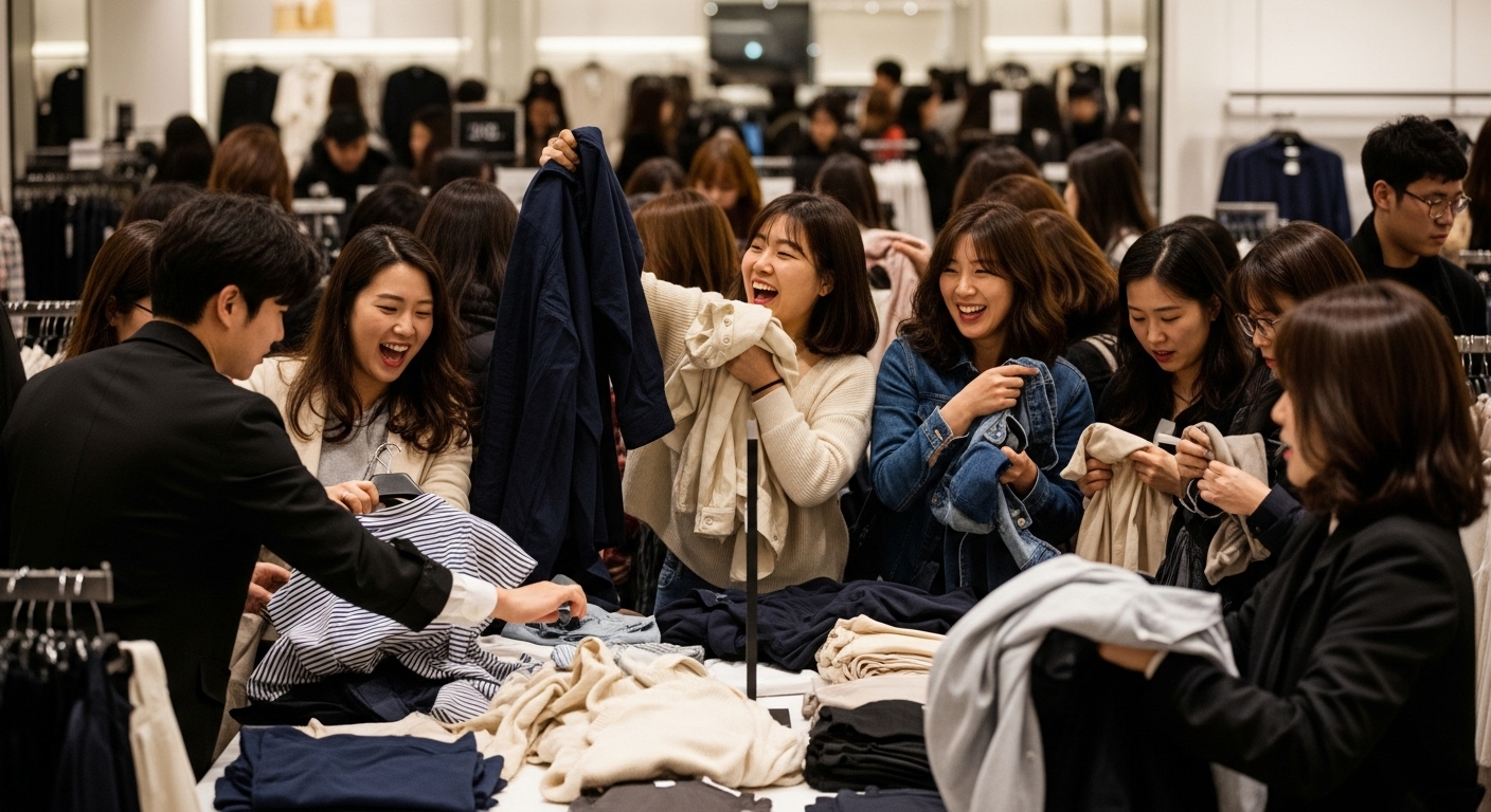 자라 매장에서 빠르게 쇼핑하는 한국 소비자들의 흥분된 분위기