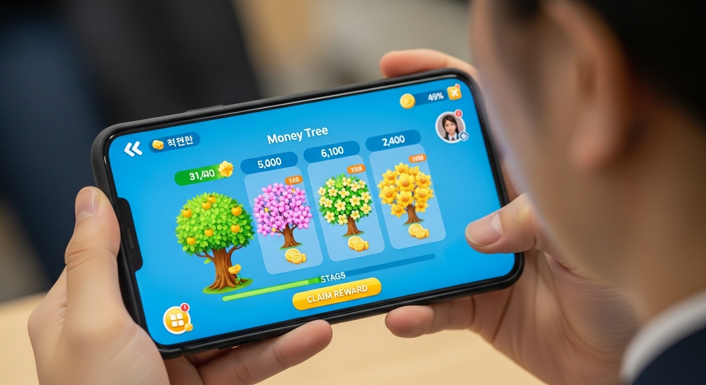 모바일 화면에 표시된 가상의 돈나무 성장 차트