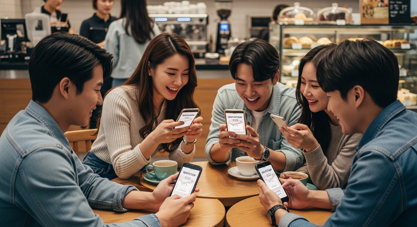 카페에서 스마트폰을 보고 있는 한국인 친구들 그룹