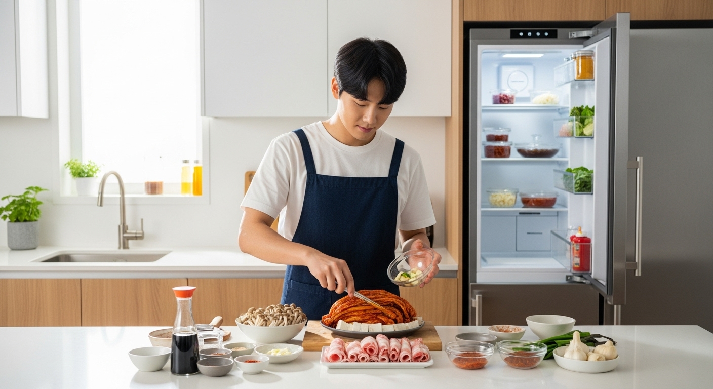 현대적인 주방에서 젊은 성인이 간단한 재료로 층층이 김치찜을 빠르게 준비하는 모습