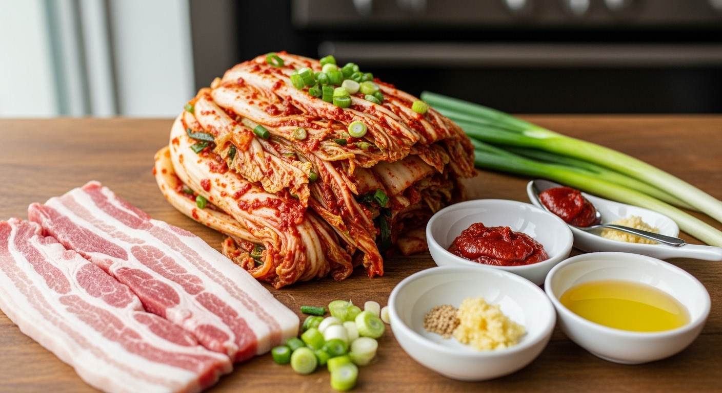 주방 카운터에 놓인 김치찜 재료들; 배추김치와 돼지고기 슬라이스
