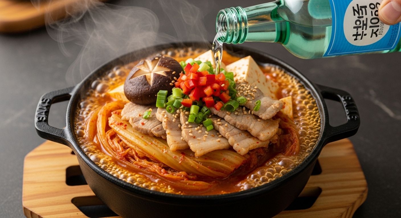 작은 냄비에서 소주와 후추가 첨가된 채로 끓고 있는 김치찜