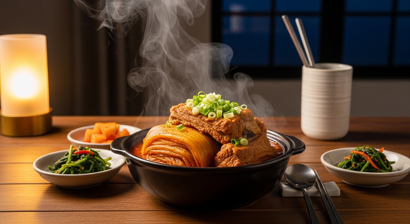 늦은 밤 간식으로 제공될 준비가 된 뜨거운 김치찜 한 그릇