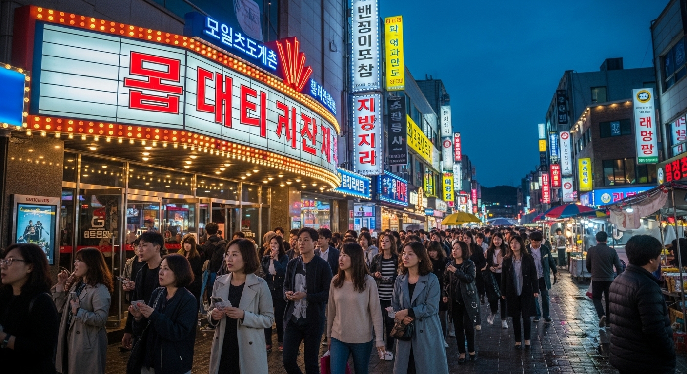한국의 영화팬들이 저녁에 '살인자 리포트' 상영관으로 들어가는 모습