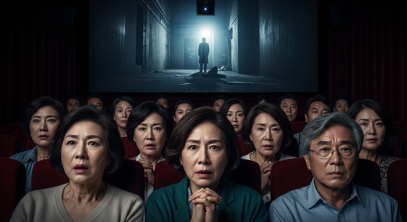 어두운 극장에서 진지하게 영화를 관람하는 성인 관객들의 모습