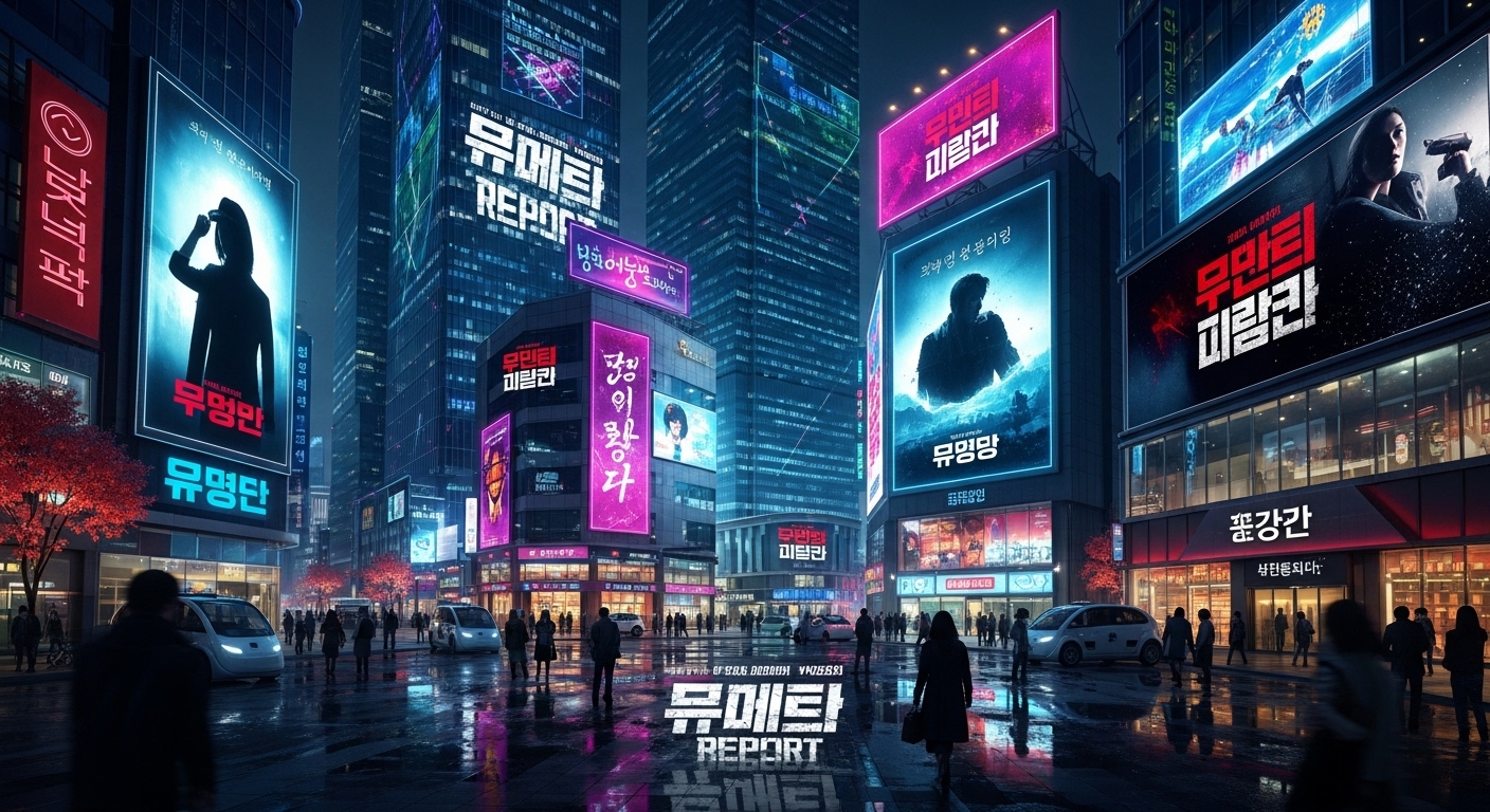 미래적인 서울 거리에서 스릴러 영화에 대한 관심이 커지고 있는 모습