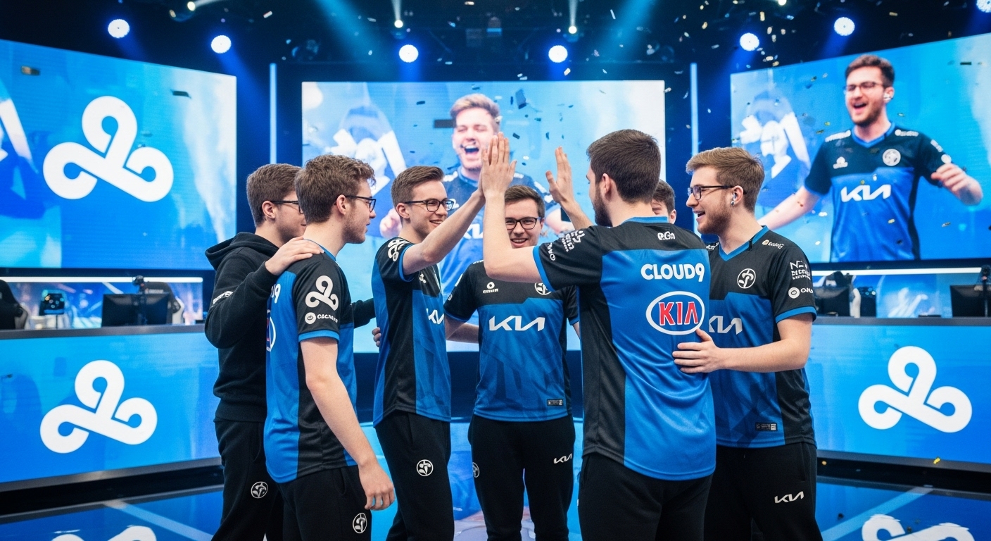 LCQ 결승 진출을 축하하며 기뻐하는 북미 e스포츠 팀 Cloud9 Kia